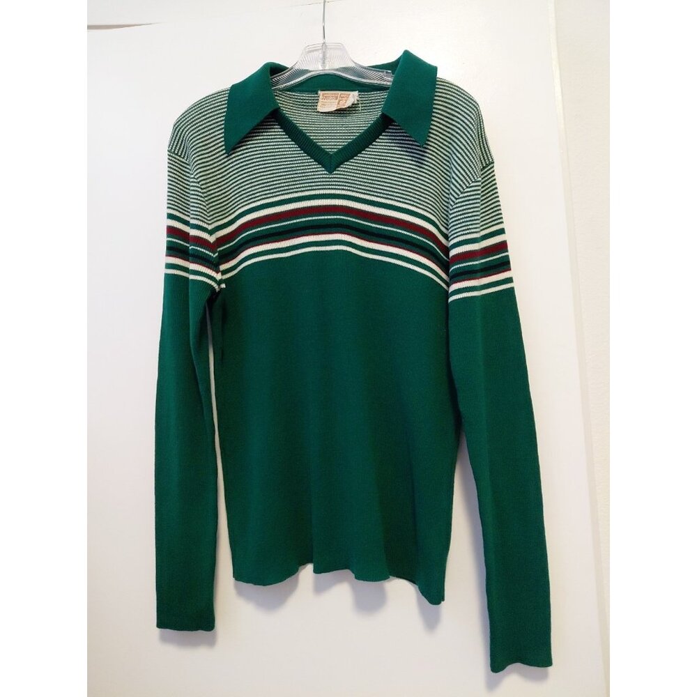 Vintage‎ Montgomery Ward Sweater Pullover V-Neck Collared Striped Green XL